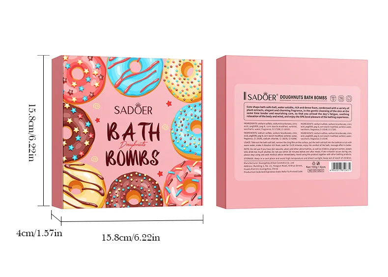 Donut Bath Bombs Set – 4pc Fizzy Bath Salts with Sea Salt & Shea Butter, Handmade Colorful Soak for Relaxing Bath Time