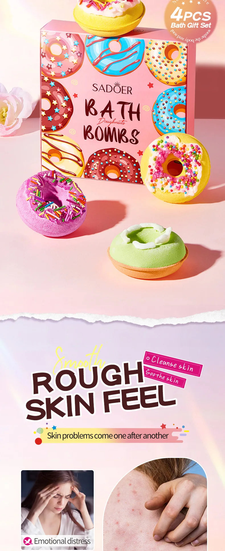 Donut Bath Bombs Set – 4pc Fizzy Bath Salts with Sea Salt & Shea Butter, Handmade Colorful Soak for Relaxing Bath Time