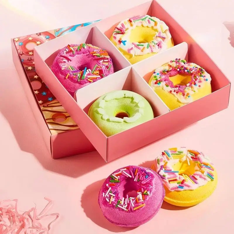 Donut Bath Bombs Set – 4pc Fizzy Bath Salts with Sea Salt & Shea Butter, Handmade Colorful Soak for Relaxing Bath Time