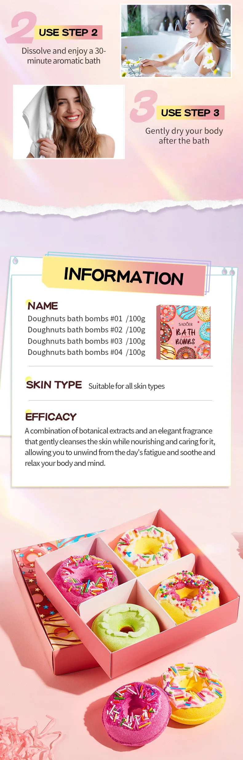 Donut Bath Bombs Set – 4pc Fizzy Bath Salts with Sea Salt & Shea Butter, Handmade Colorful Soak for Relaxing Bath Time