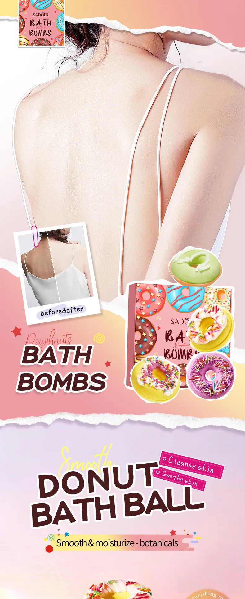 Donut Bath Bombs Set – 4pc Fizzy Bath Salts with Sea Salt & Shea Butter, Handmade Colorful Soak for Relaxing Bath Time
