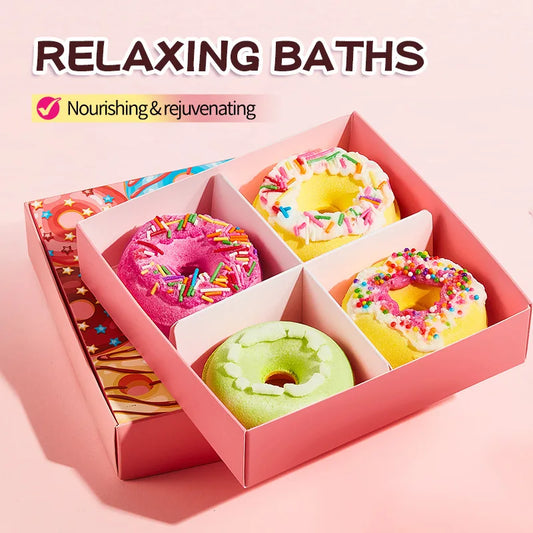 Donut Bath Bombs Set – 4pc Fizzy Bath Salts with Sea Salt & Shea Butter, Handmade Colorful Soak for Relaxing Bath Time