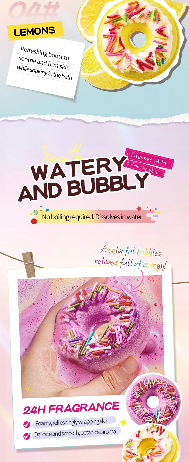 Donut Bath Bombs Set – 4pc Fizzy Bath Salts with Sea Salt & Shea Butter, Handmade Colorful Soak for Relaxing Bath Time