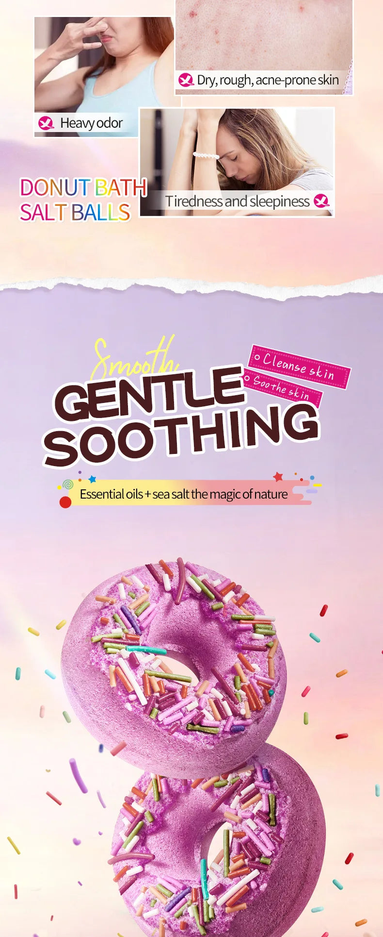 Donut Bath Bombs Set – 4pc Fizzy Bath Salts with Sea Salt & Shea Butter, Handmade Colorful Soak for Relaxing Bath Time